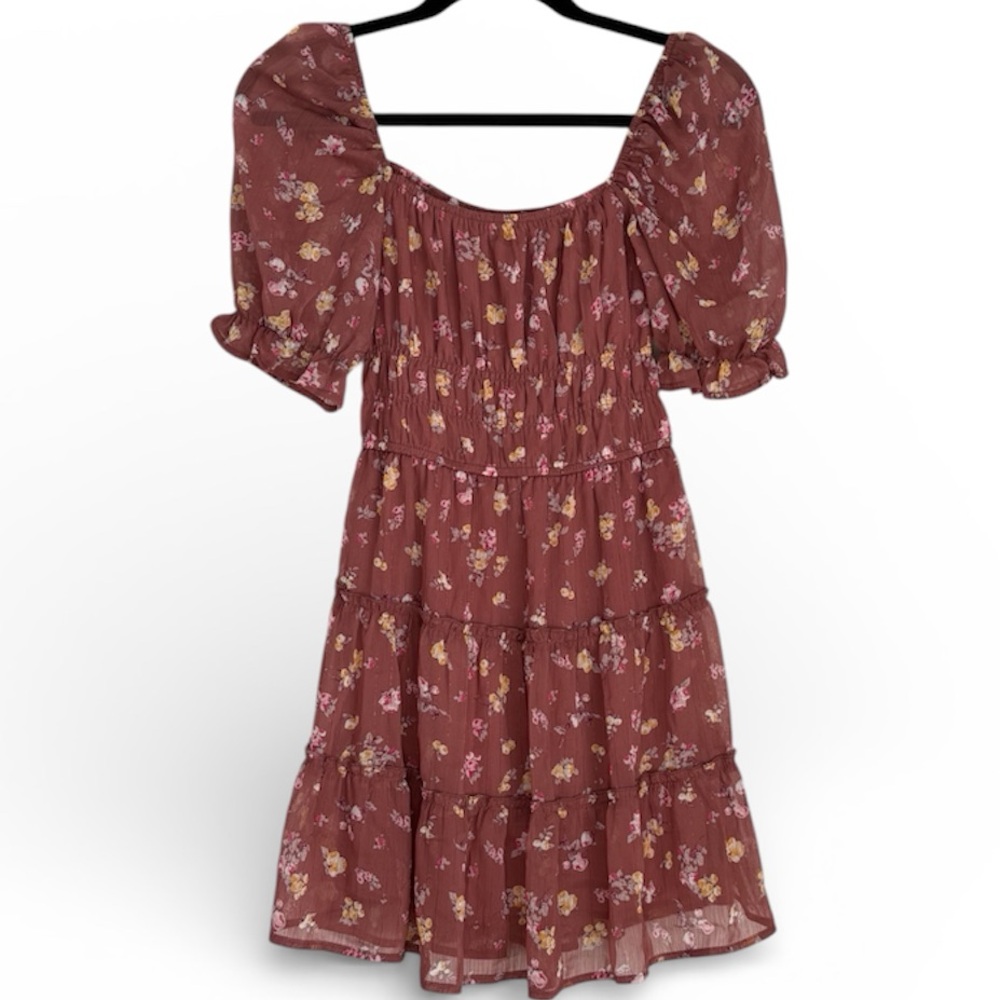 Trixxi Floral Puff Sleeve Mini Dress - Brown and Pink